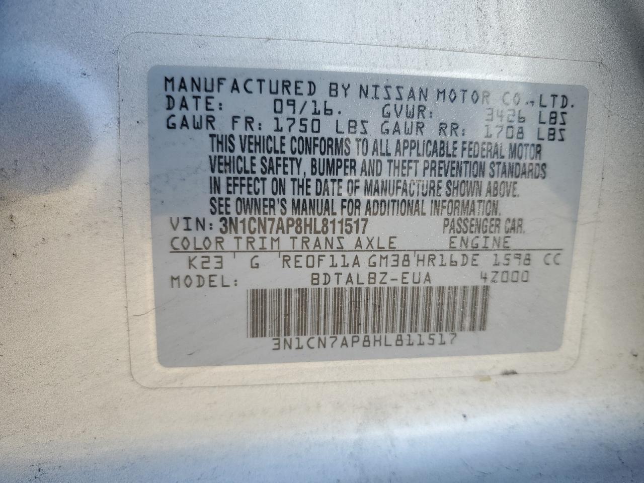 3N1CN7AP8HL811517 2017 Nissan Versa S