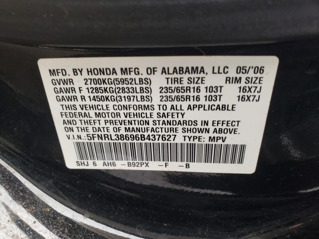 5FNRL38696B437627 2006 Honda Odyssey Exl