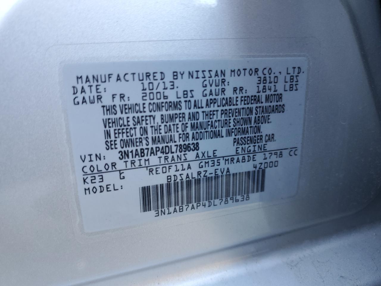 3N1AB7AP4DL789638 2013 Nissan Sentra S