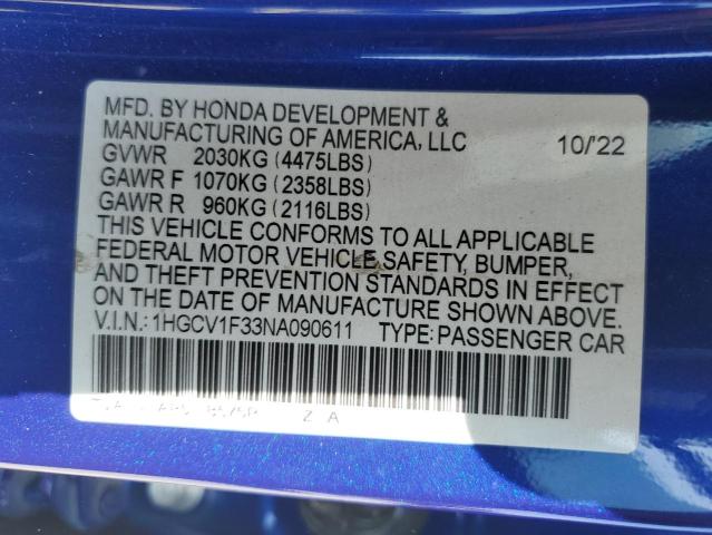 2022 Honda Accord Sport VIN: 1HGCV1F33NA090611 Lot: 45880534