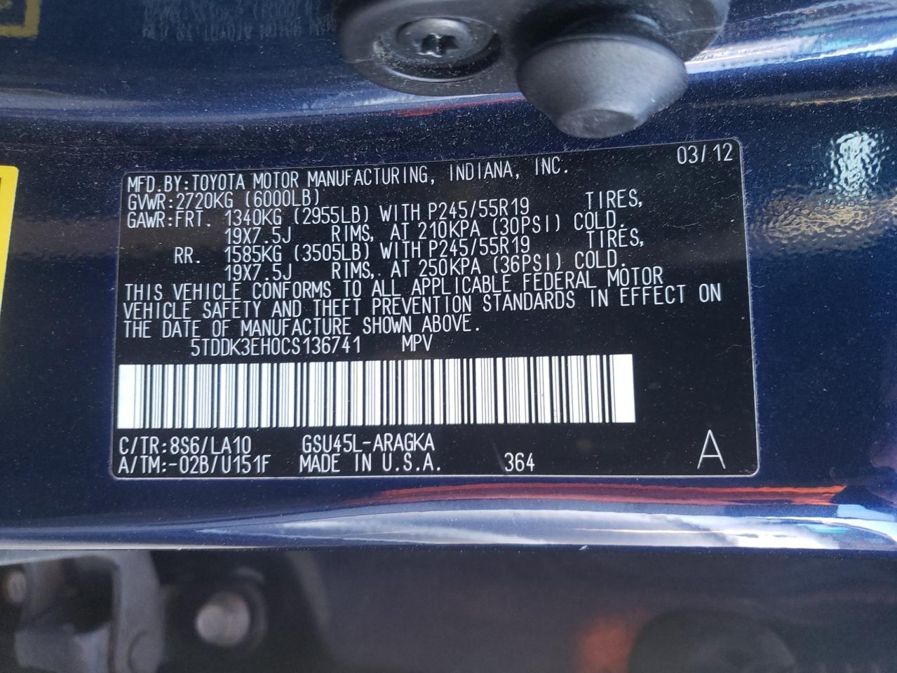 5TDDK3EH0CS136741 2012 Toyota Highlander Limited