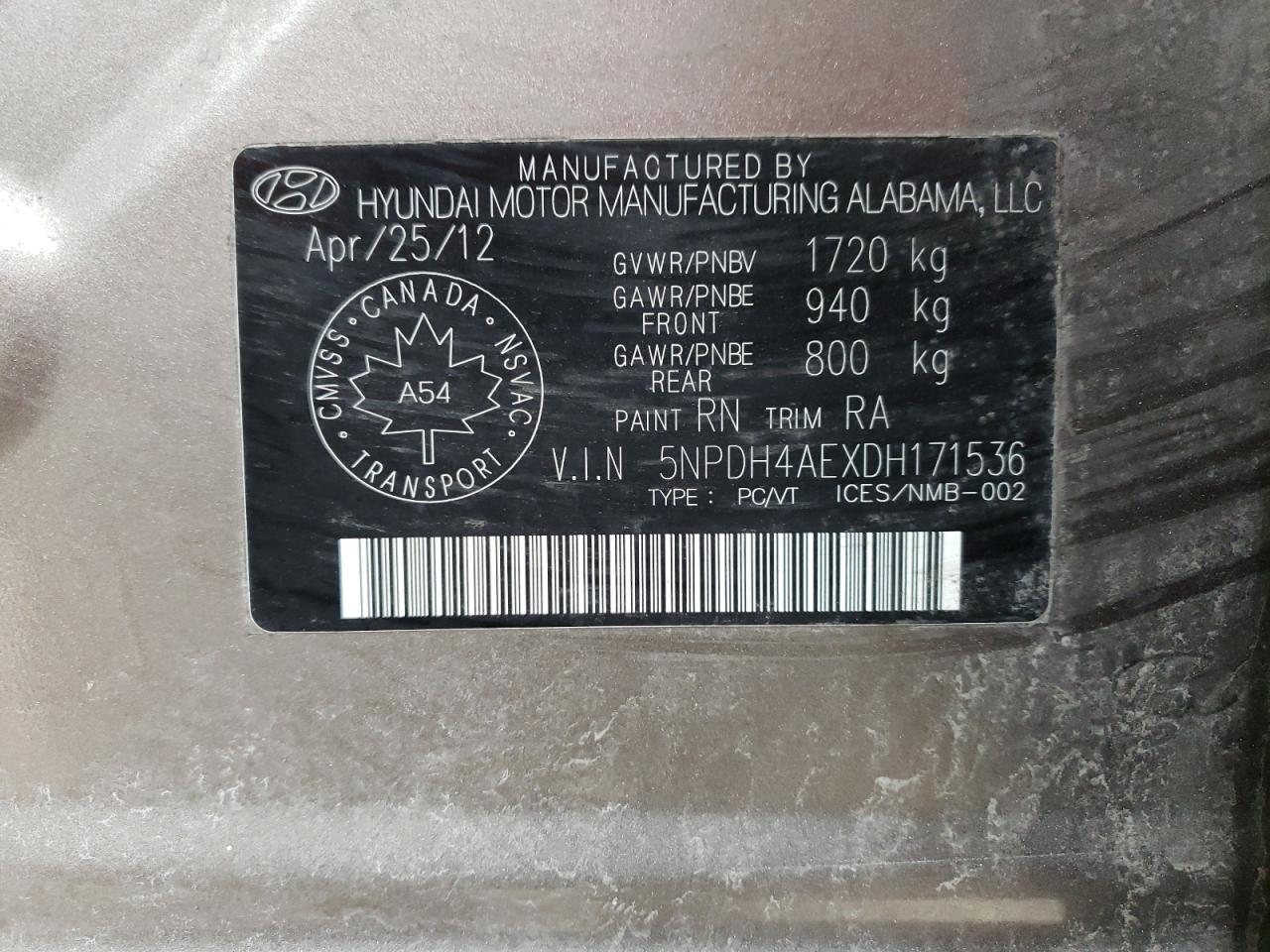 5NPDH4AEXDH171536 2013 Hyundai Elantra Gls