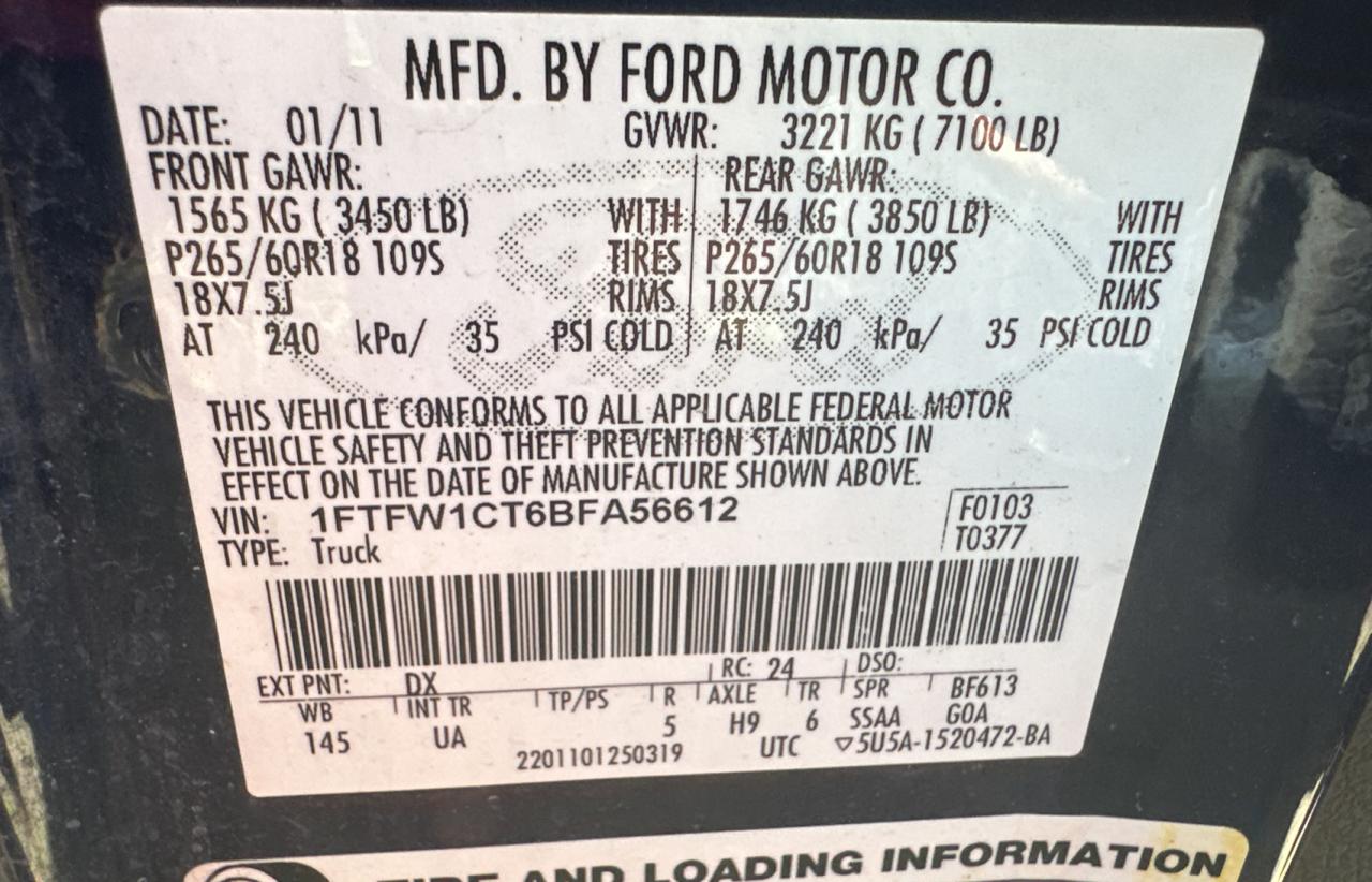 1FTFW1CT6BFA56612 2011 Ford F150 Supercrew 1FTFW1CT6BFA56612 2011 Ford F150 Supercrew