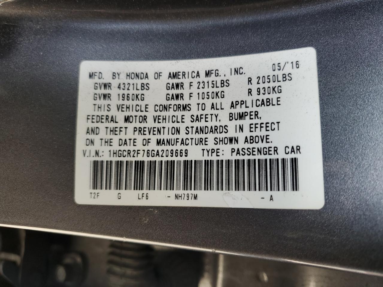 1HGCR2F76GA209669 2016 Honda Accord Ex