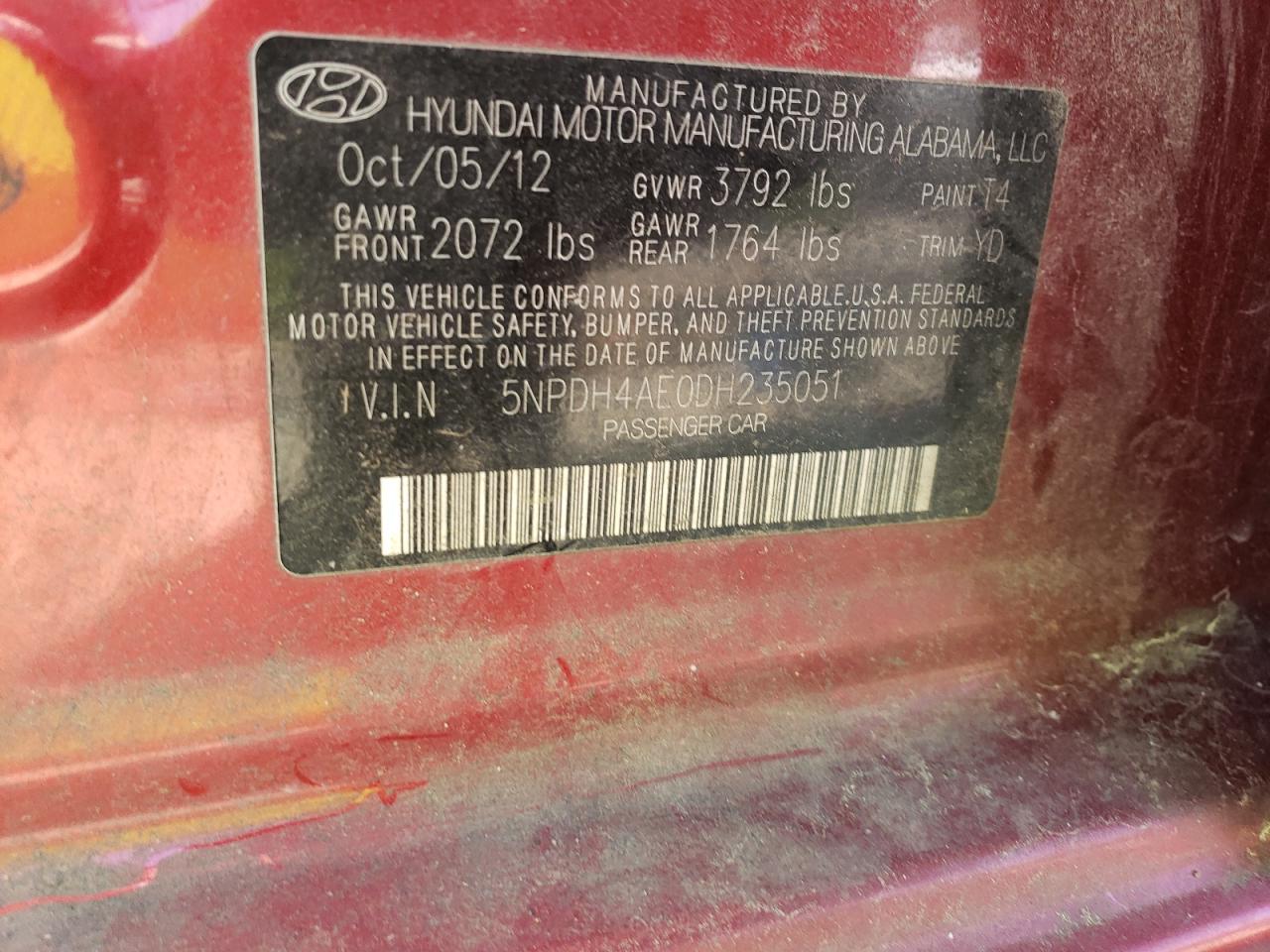 5NPDH4AE0DH235051 2013 Hyundai Elantra Gls