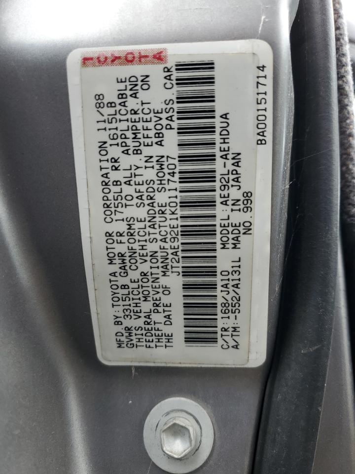 JT2AE92E1K0117407 1989 Toyota Corolla Dlx JT2AE92E1K0117407 1989 Toyota Corolla Dlx