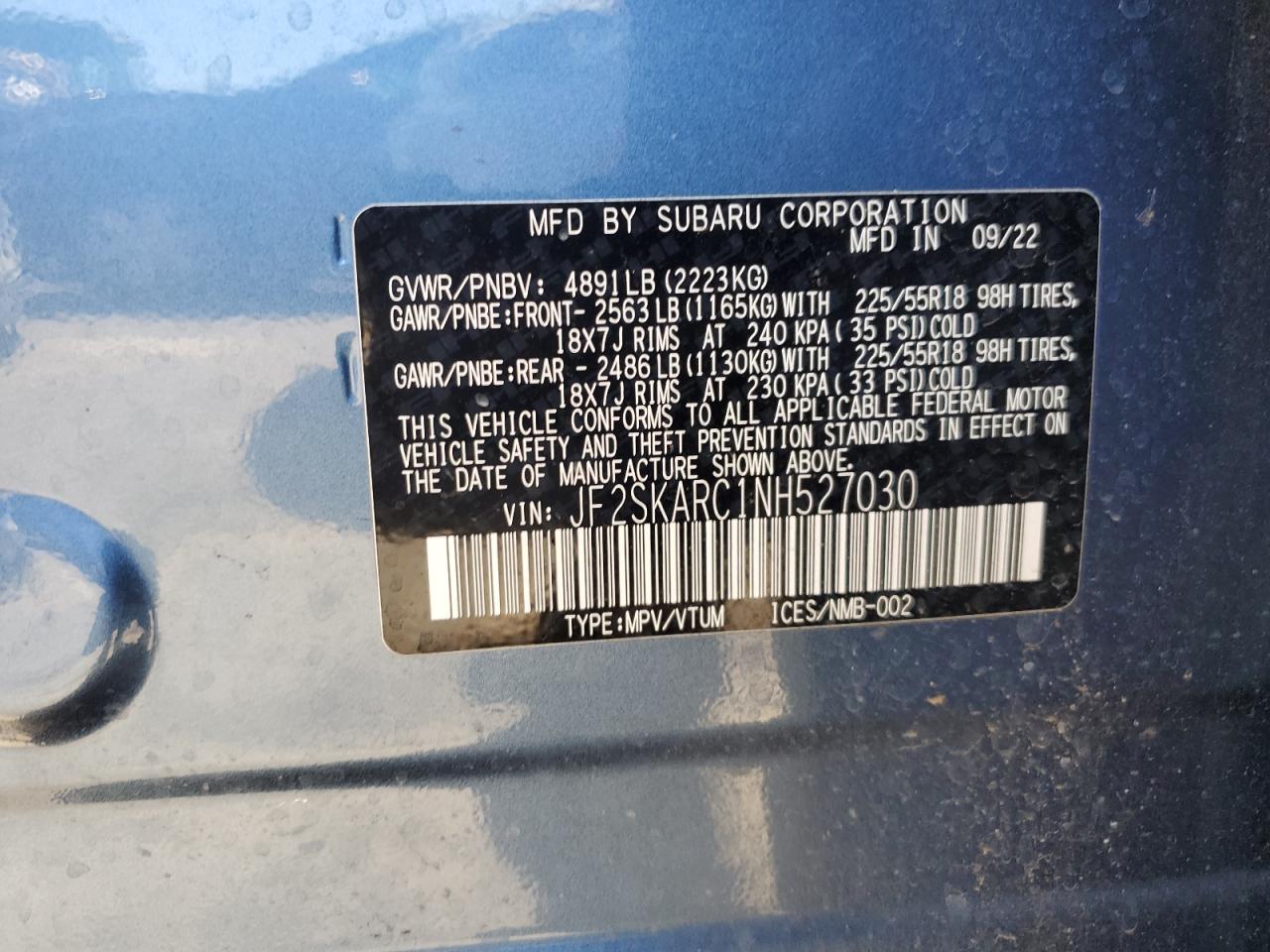JF2SKARC1NH527030 2022 Subaru Forester Touring
