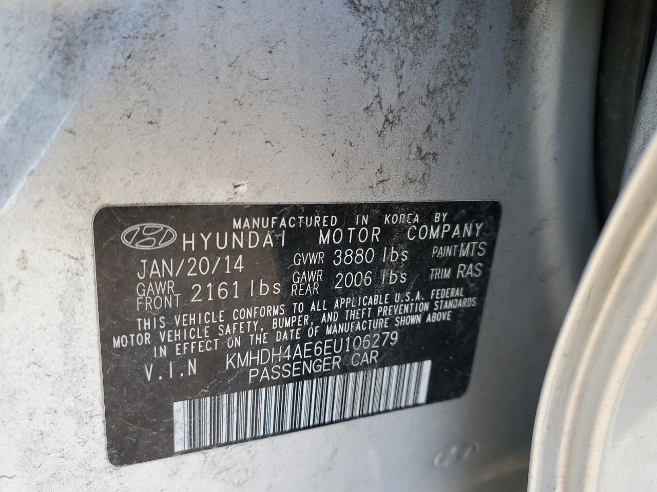 KMHDH4AE6EU106279 2014 Hyundai Elantra Se