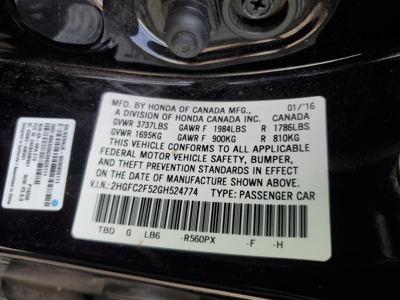 2HGFC2F52GH524774 2016 Honda Civic Lx