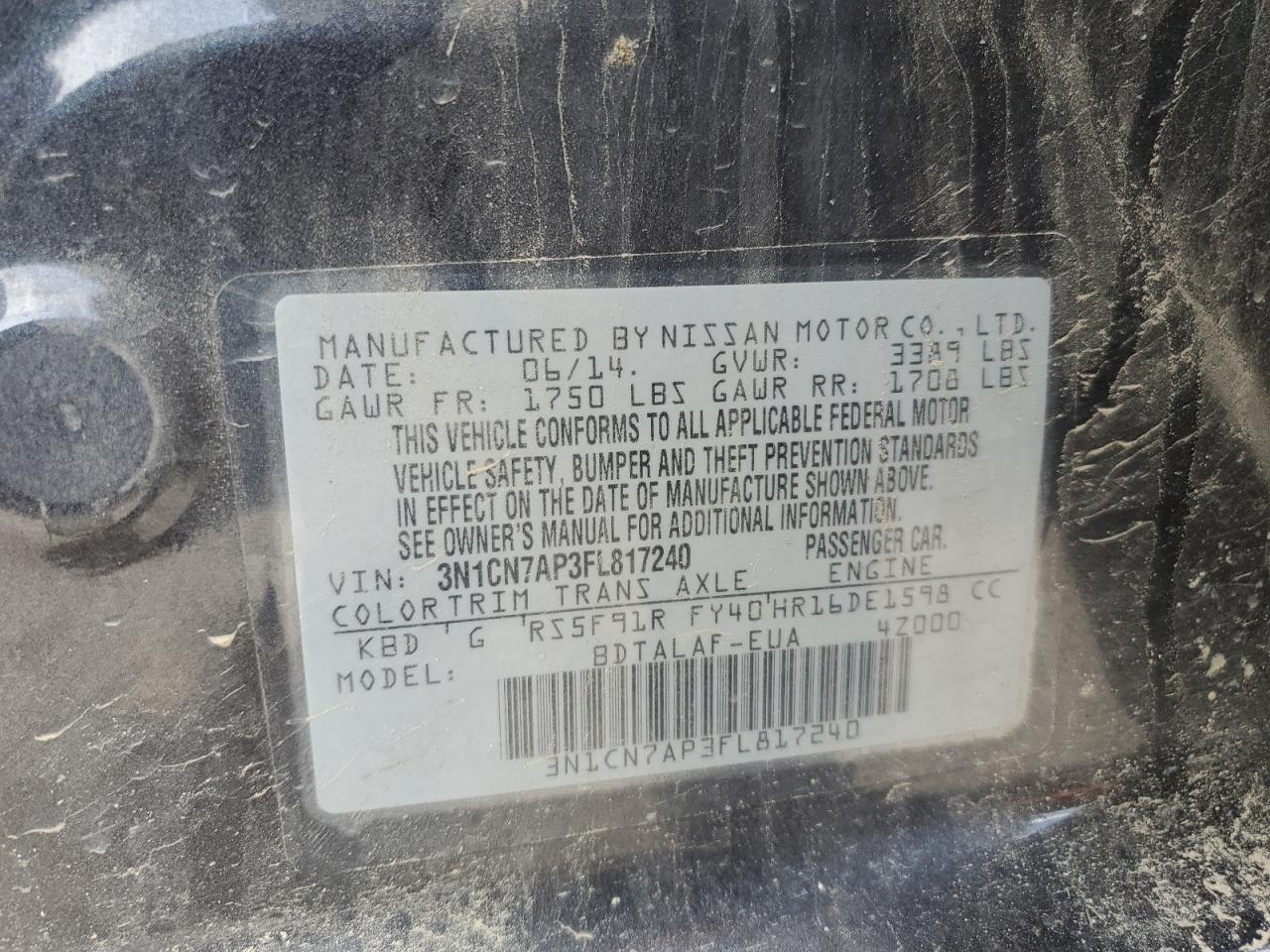 3N1CN7AP3FL817240 2015 Nissan Versa S