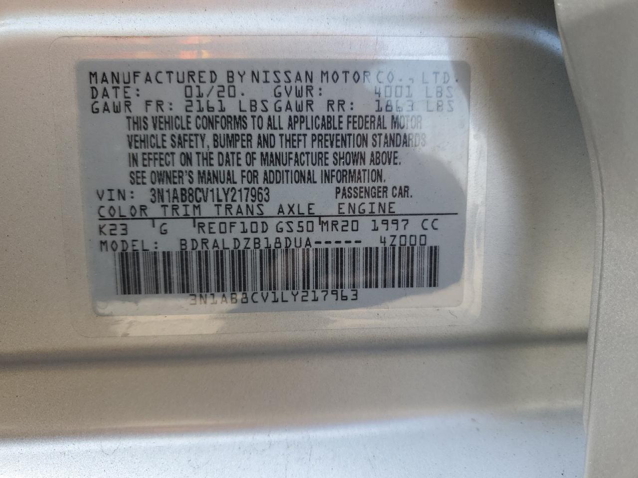 3N1AB8CV1LY217963 2020 Nissan Sentra Sv