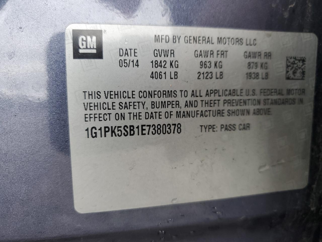 1G1PK5SB1E7380378 2014 Chevrolet Cruze Lt