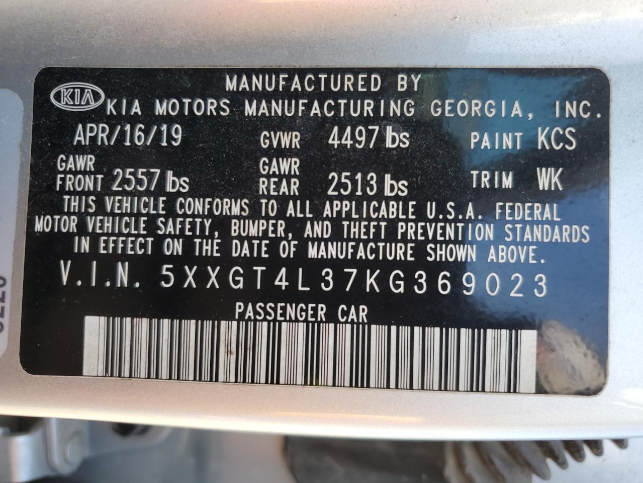 5XXGT4L37KG369023 2019 Kia Optima Lx