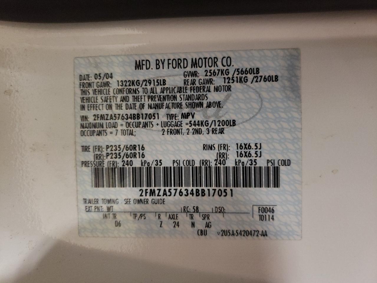 2FMZA57634BB17051 2004 Ford Freestar Ses