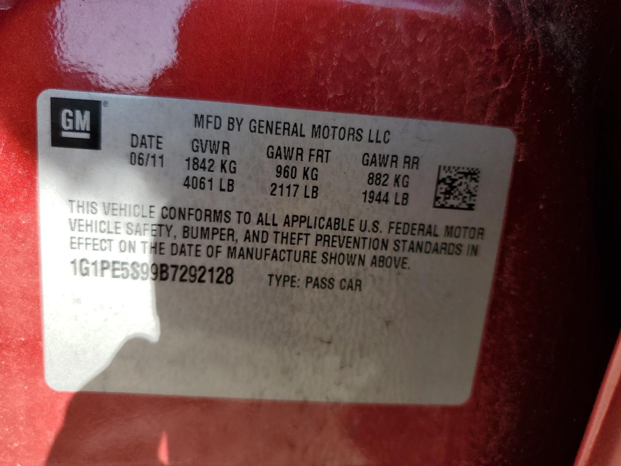 1G1PE5S99B7292128 2011 Chevrolet Cruze Lt