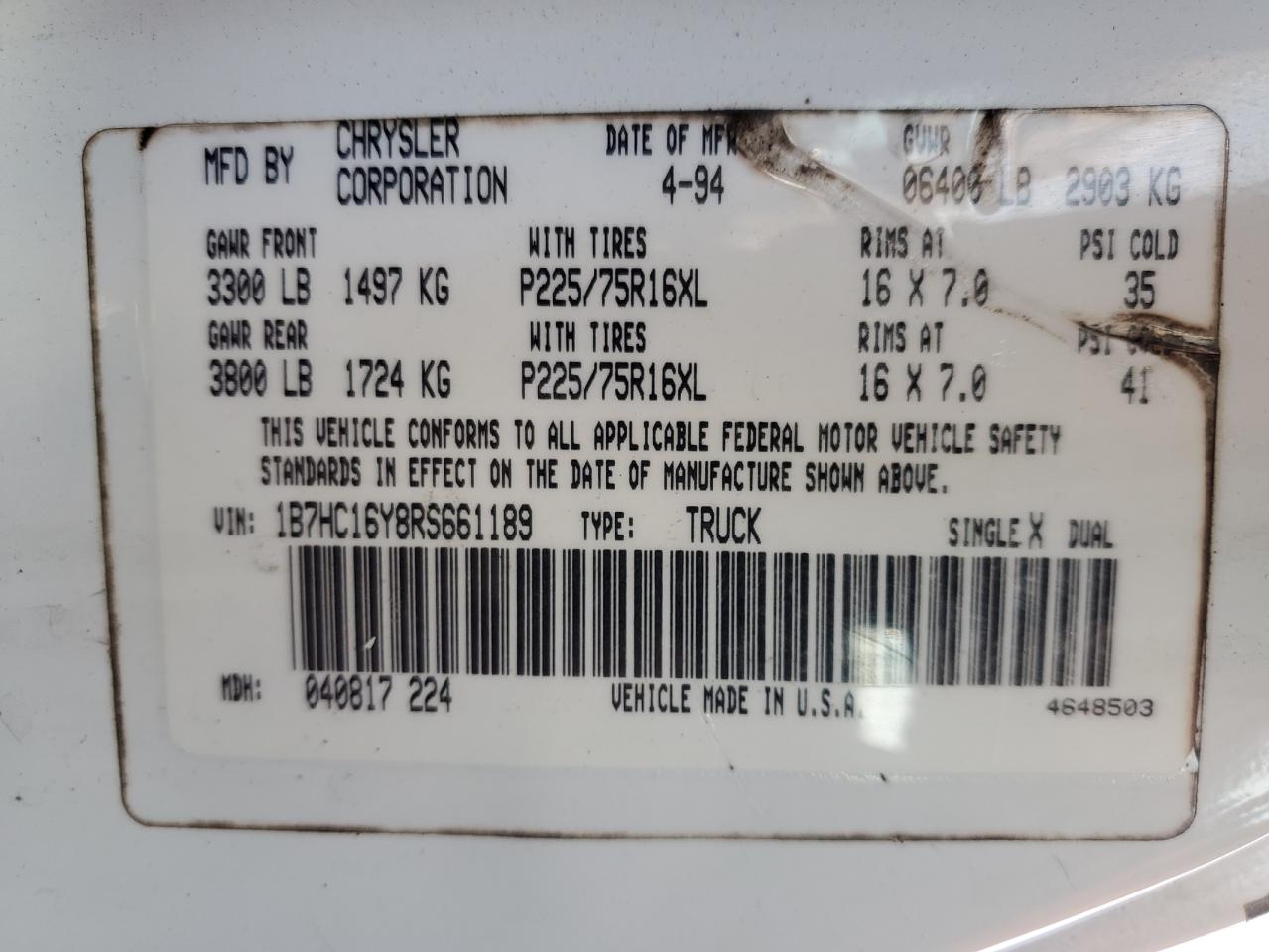 1B7HC16Y8RS661189 1994 Dodge Ram 1500