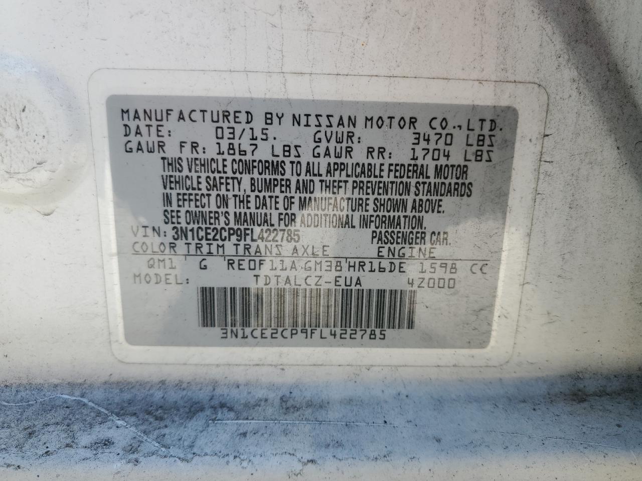 3N1CE2CP9FL422785 2015 Nissan Versa Note S