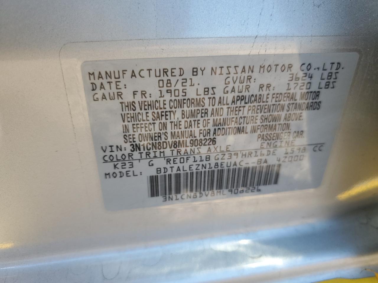 3N1CN8DV8ML908226 2021 Nissan Versa S