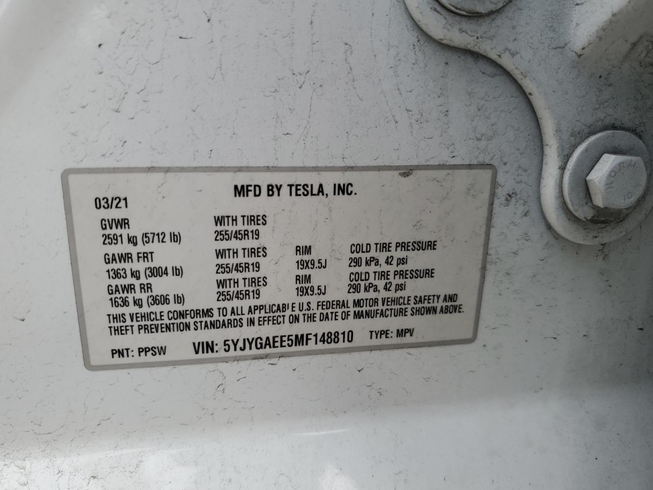 5YJYGAEE5MF148810 2021 Tesla Model Y