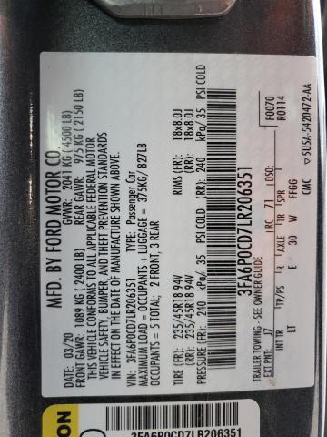 2020 FORD FUSION SEL 3FA6P0CD7LR206351