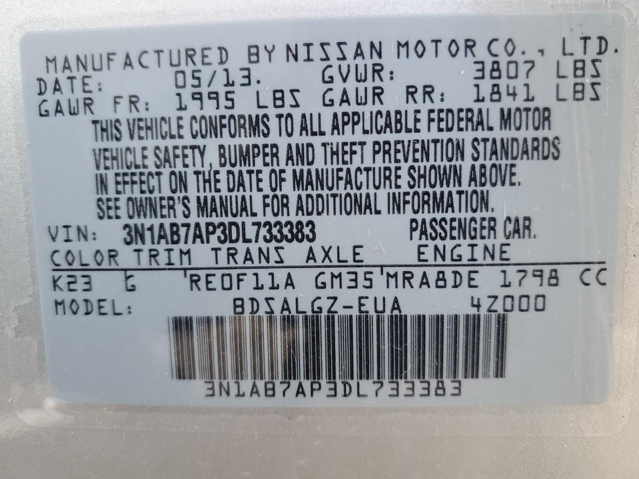 3N1AB7AP3DL733383 2013 Nissan Sentra S