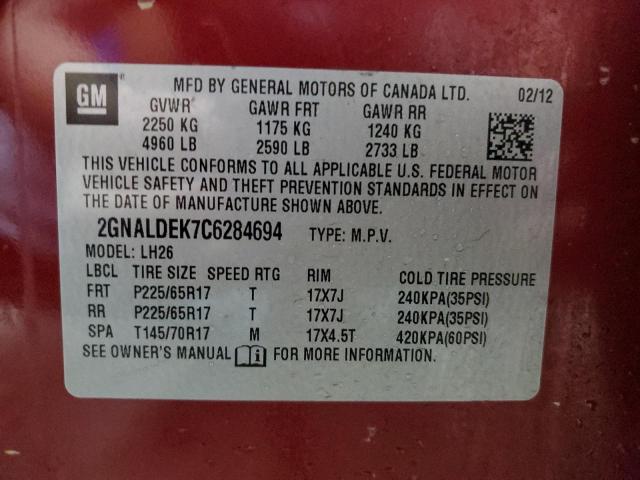 2012 Chevrolet Equinox Lt VIN: 2GNALDEK7C6284694 Lot: 47218194