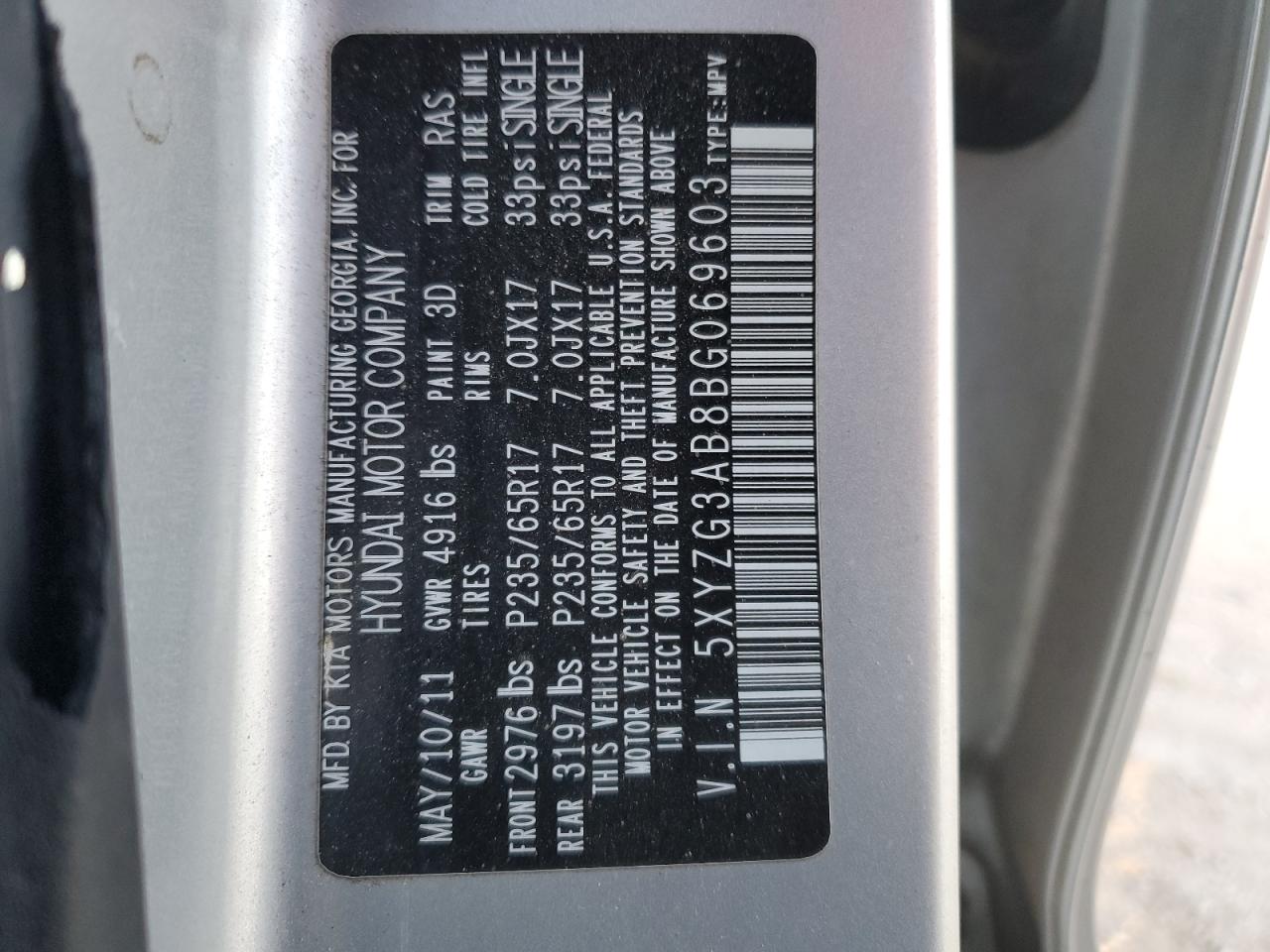 5XYZG3AB8BG069603 2011 Hyundai Santa Fe Gls