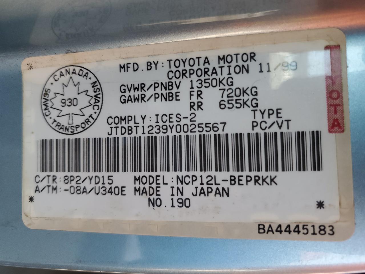 JTDBT1239Y0025567 2000 Toyota Echo
