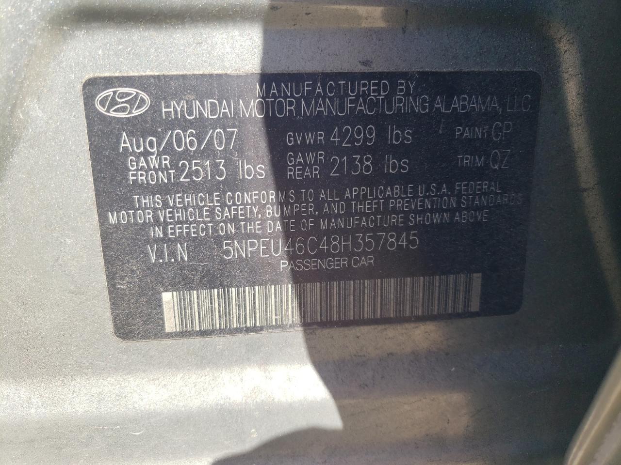 5NPEU46C48H357845 2008 Hyundai Sonata Se