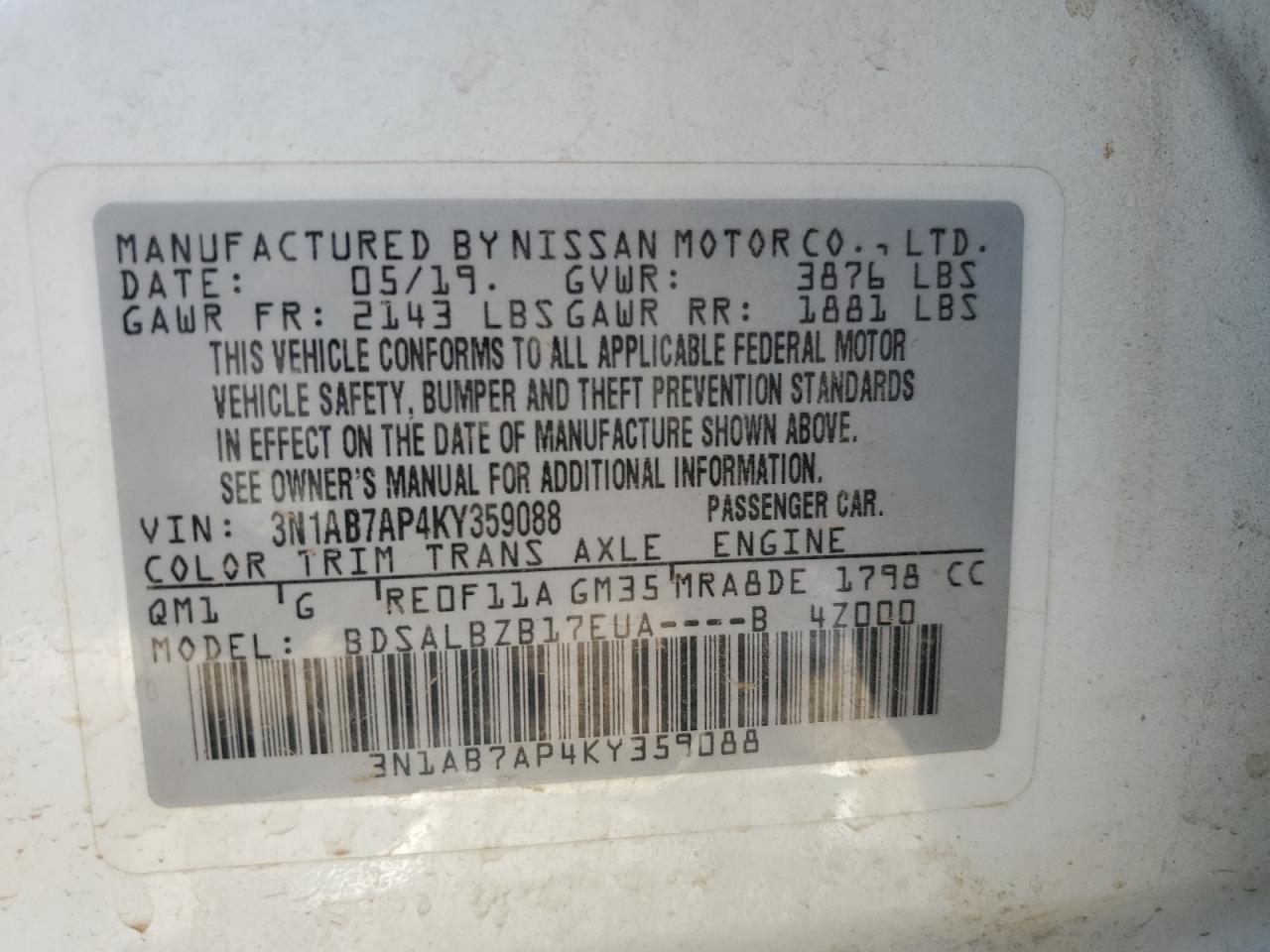 3N1AB7AP4KY359088 2019 Nissan Sentra S