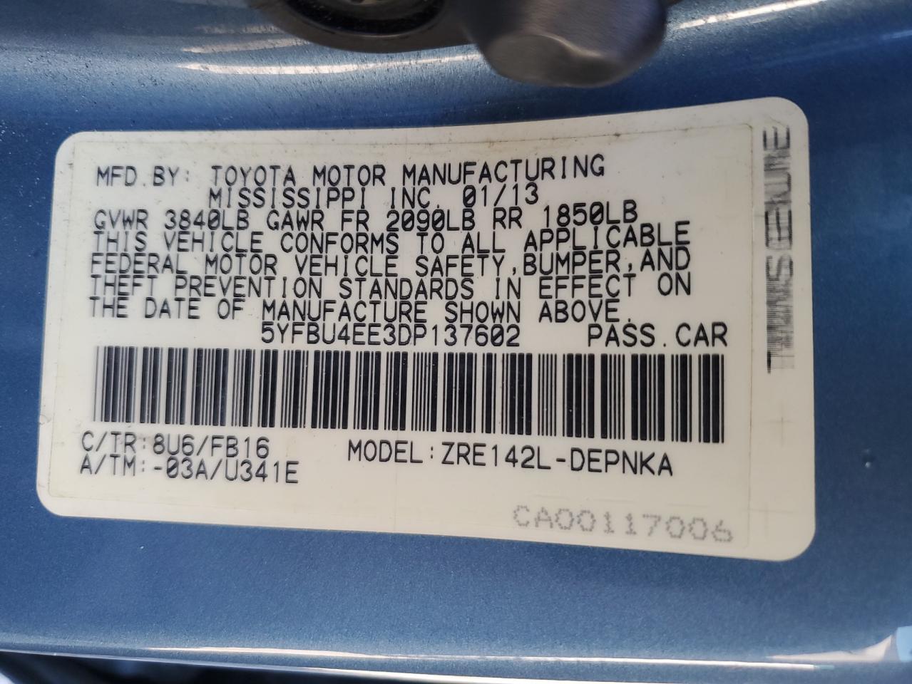 5YFBU4EE3DP137602 2013 Toyota Corolla Base