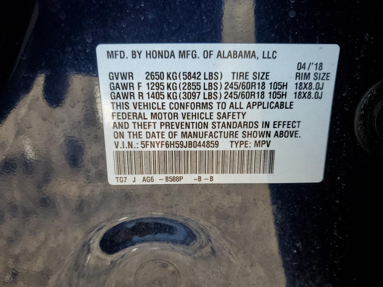 5FNYF6H59JB044859 2018 Honda Pilot Exl