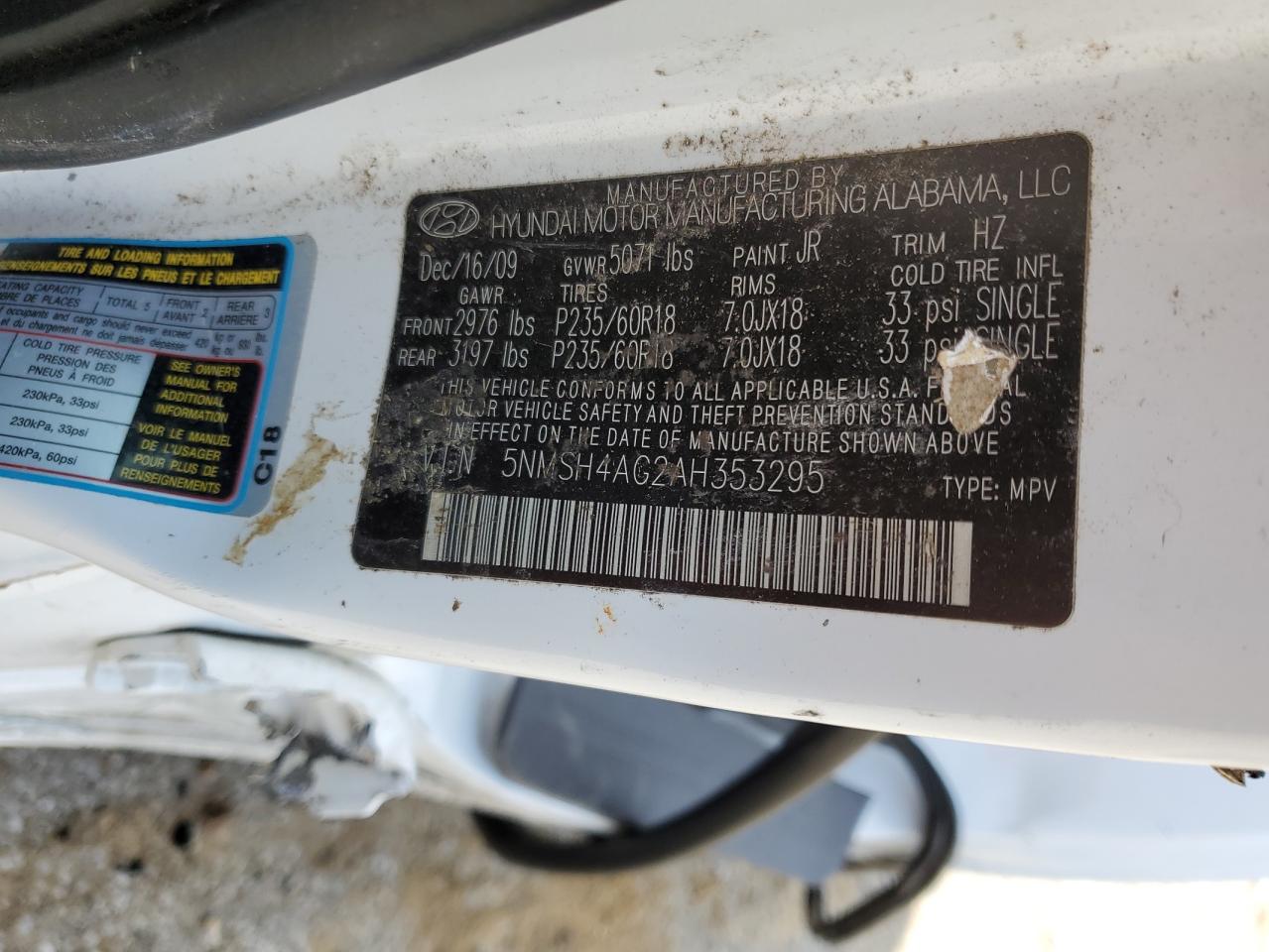 5NMSH4AG2AH353295 2010 Hyundai Santa Fe Se