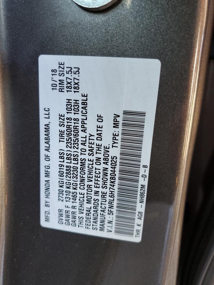 5FNRL6H74KB044025 2019 Honda Odyssey Exl