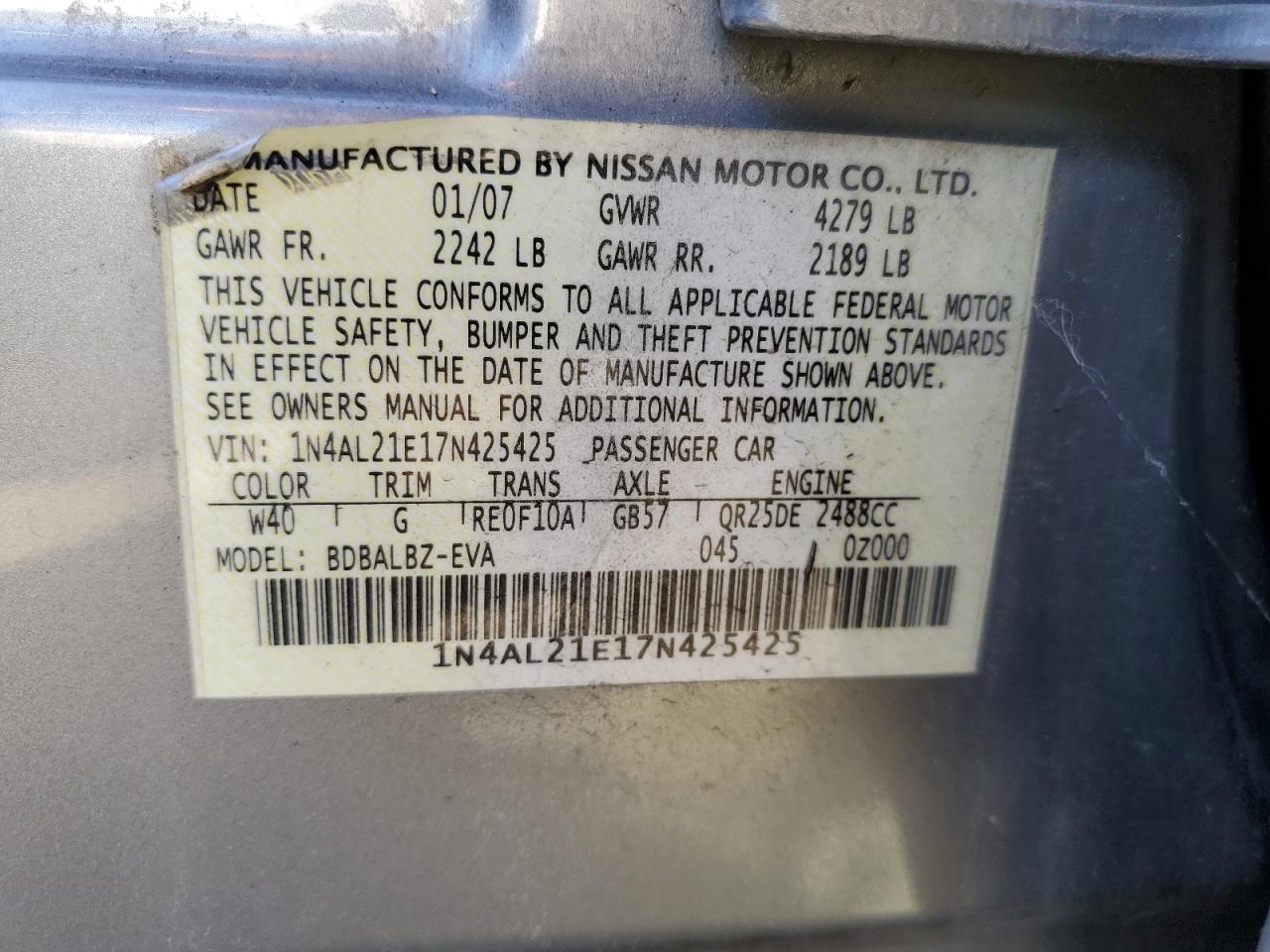1N4AL21E17N425425 2007 Nissan Altima 2.5