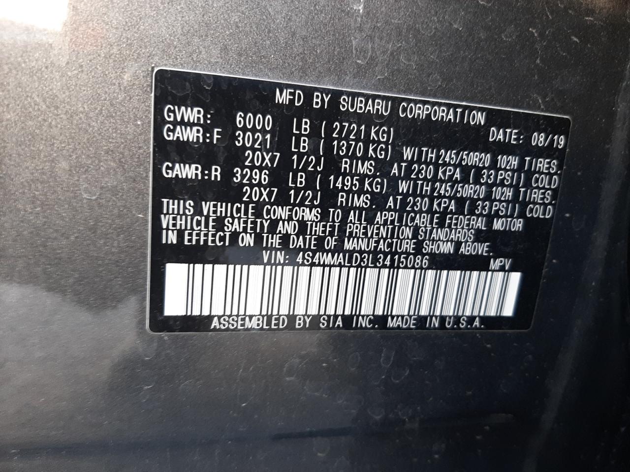 4S4WMALD3L3415086 2020 Subaru Ascent Limited