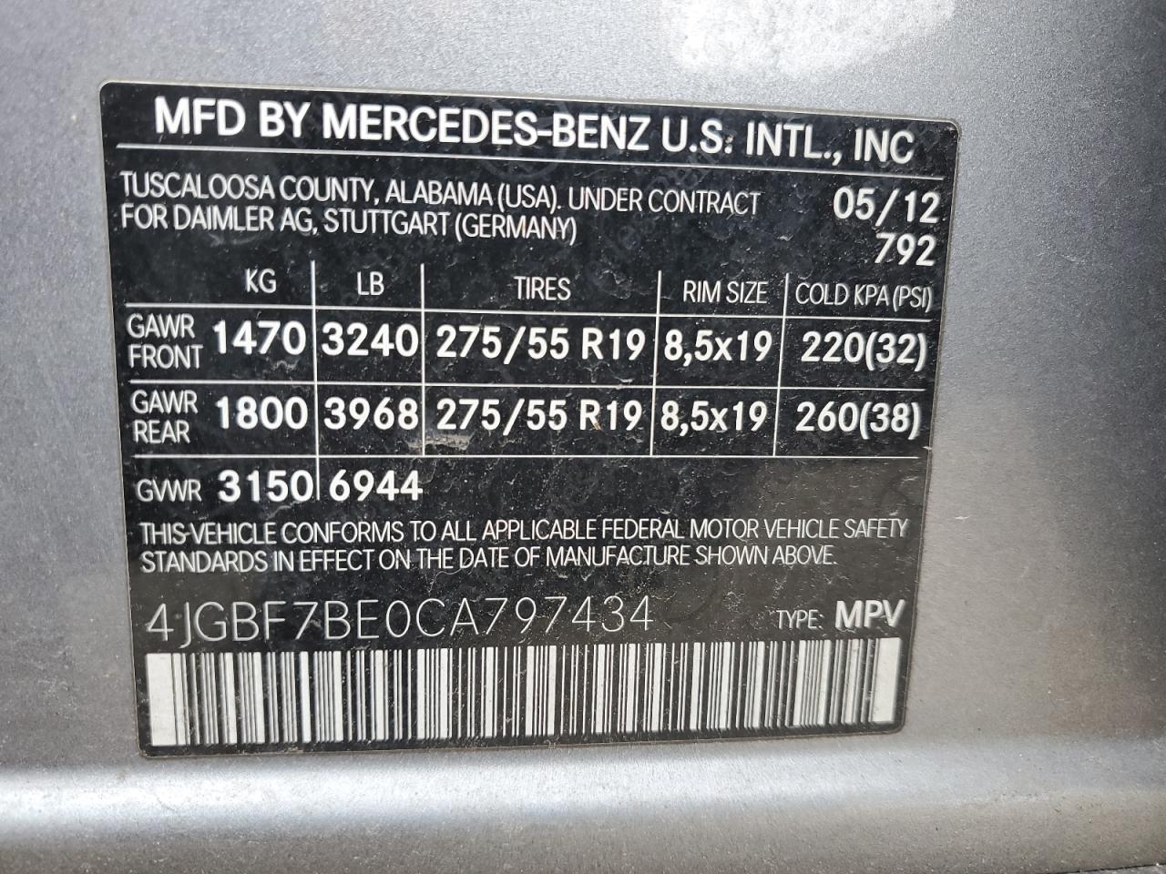 2012 Mercedes-Benz Gl 450 4Matic vin: 4JGBF7BE0CA797434