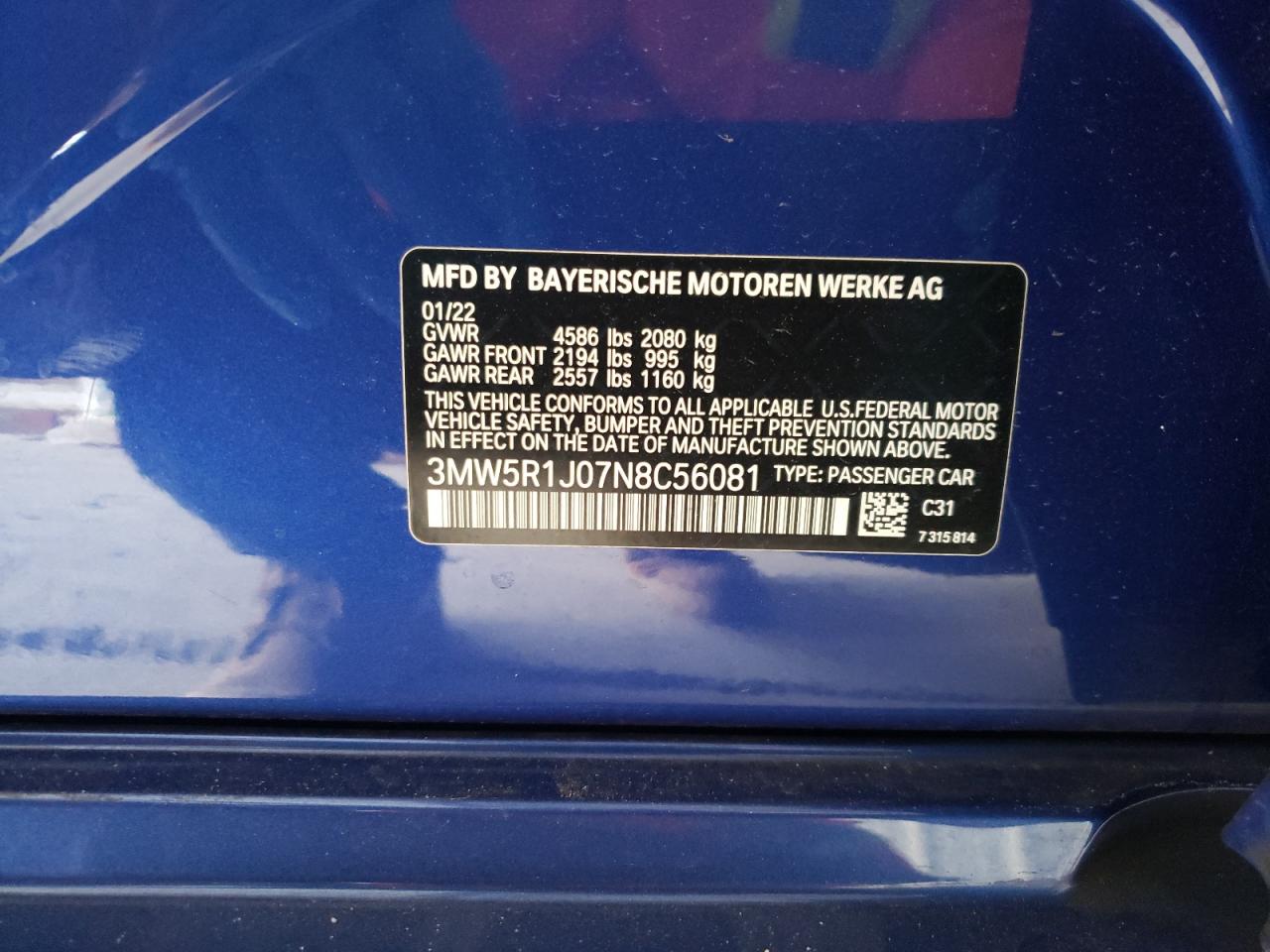 3MW5R1J07N8C56081 2022 BMW 330I