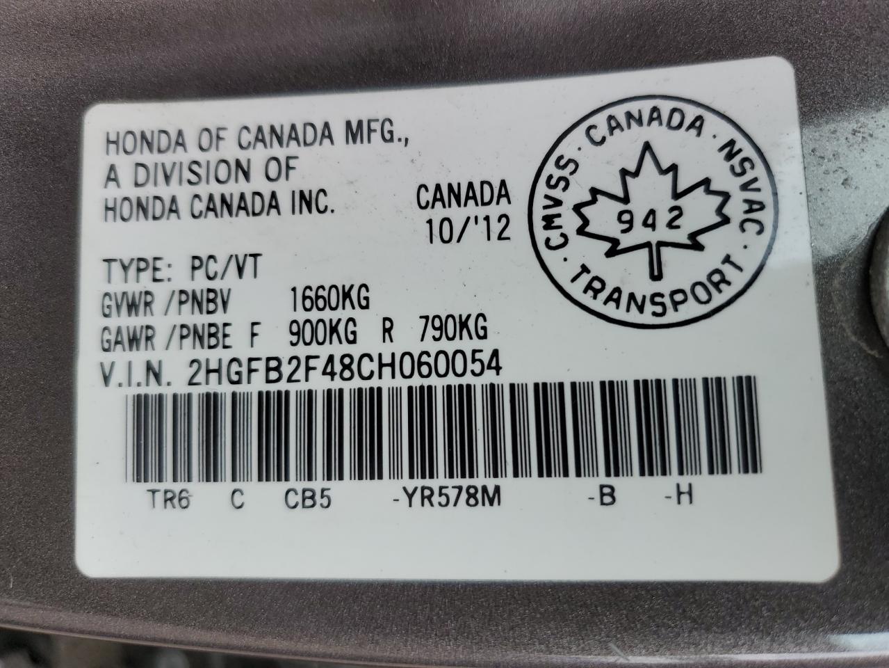 2HGFB2F48CH060054 2012 Honda Civic Lx