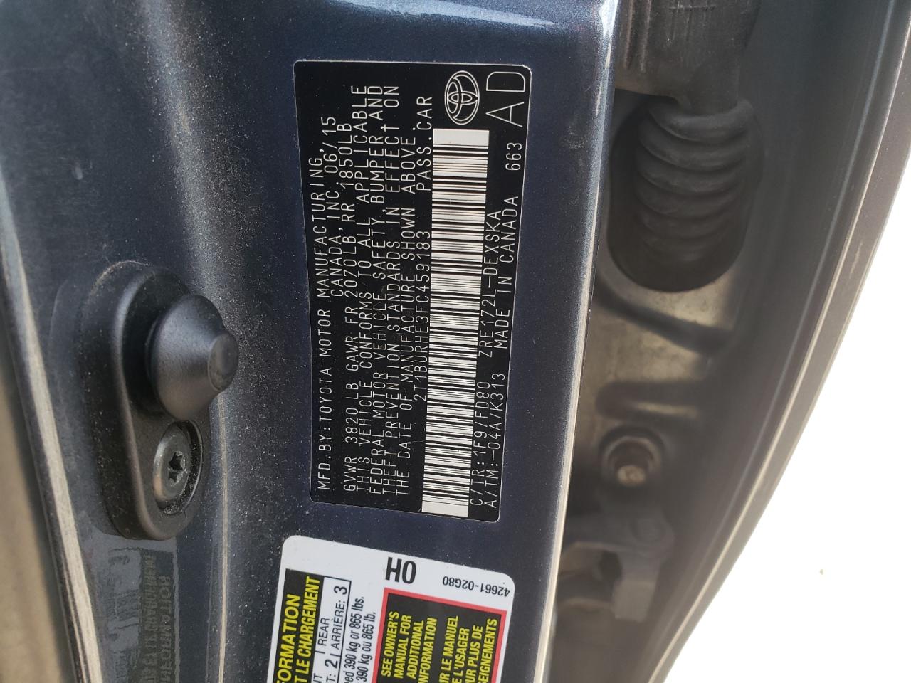 2T1BURHE3FC459183 2015 Toyota Corolla L