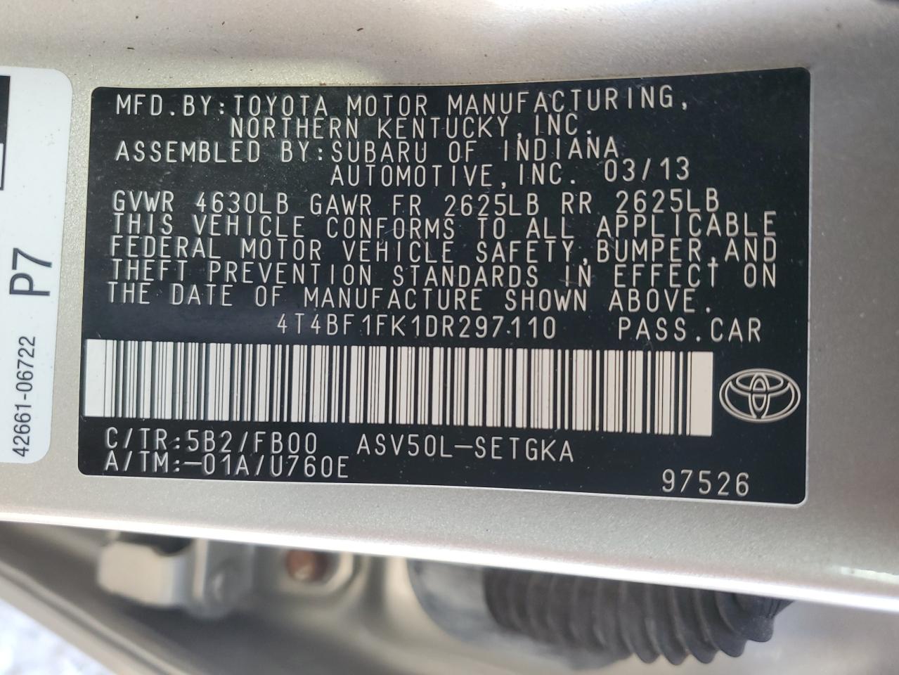 4T4BF1FK1DR297110 2013 Toyota Camry L