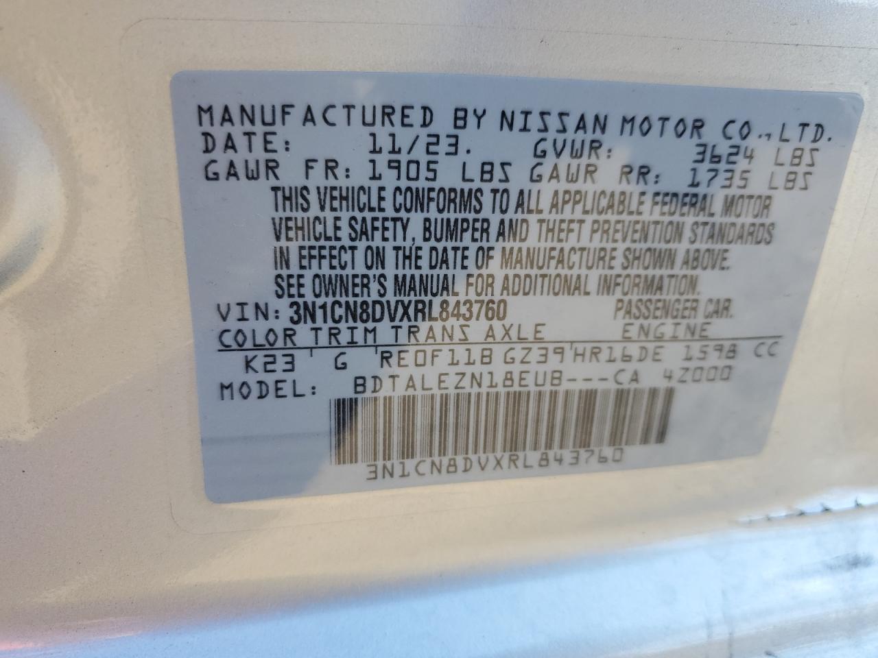 3N1CN8DVXRL843760 2024 Nissan Versa S