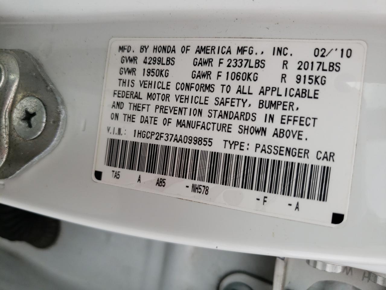 1HGCP2F37AA099855 2010 Honda Accord Lx