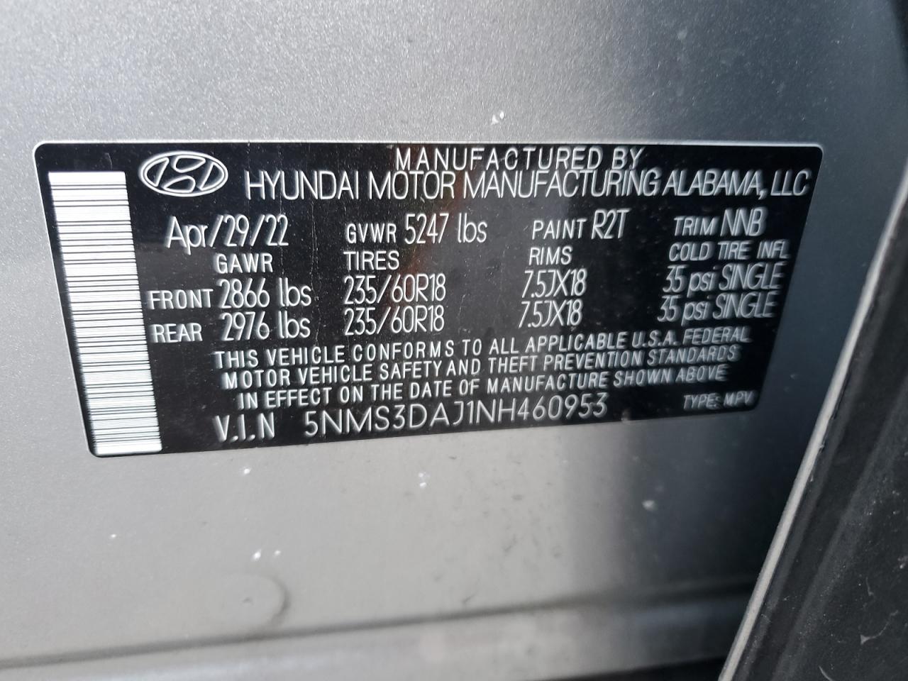 5NMS3DAJ1NH460953 2022 Hyundai Santa Fe Sel