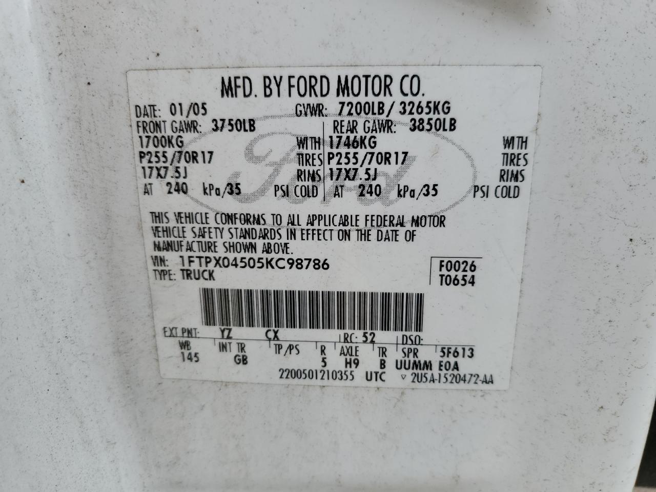 1FTPX04505KC98786 2005 Ford F150