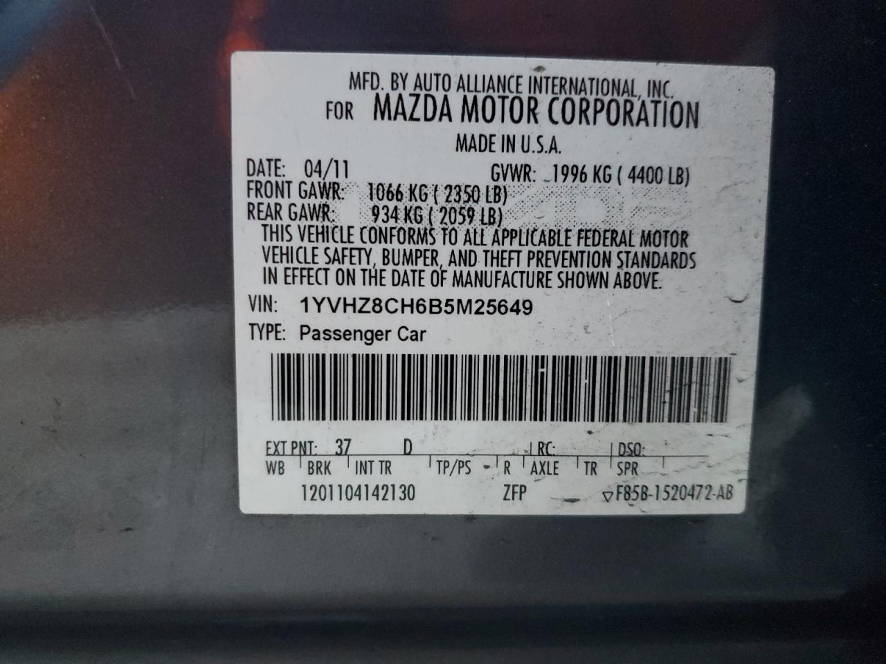 1YVHZ8CH6B5M25649 2011 Mazda 6 I