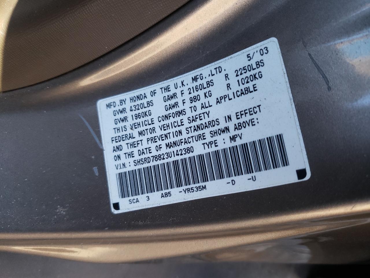 SHSRD78823U142380 2003 Honda Cr-V Ex