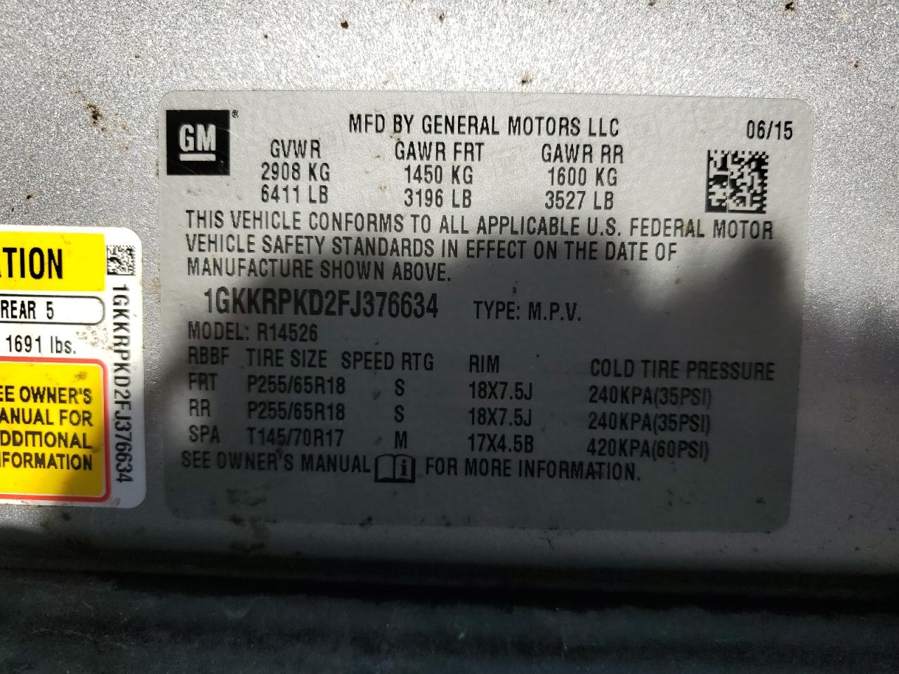 1GKKRPKD2FJ376634 2015 GMC Acadia Sle