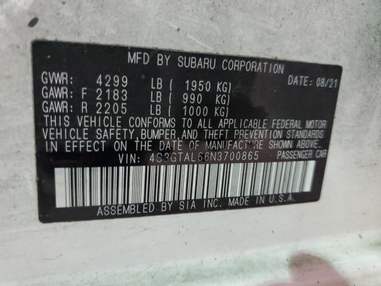 4S3GTAL66N3700865 2022 Subaru Impreza Sport