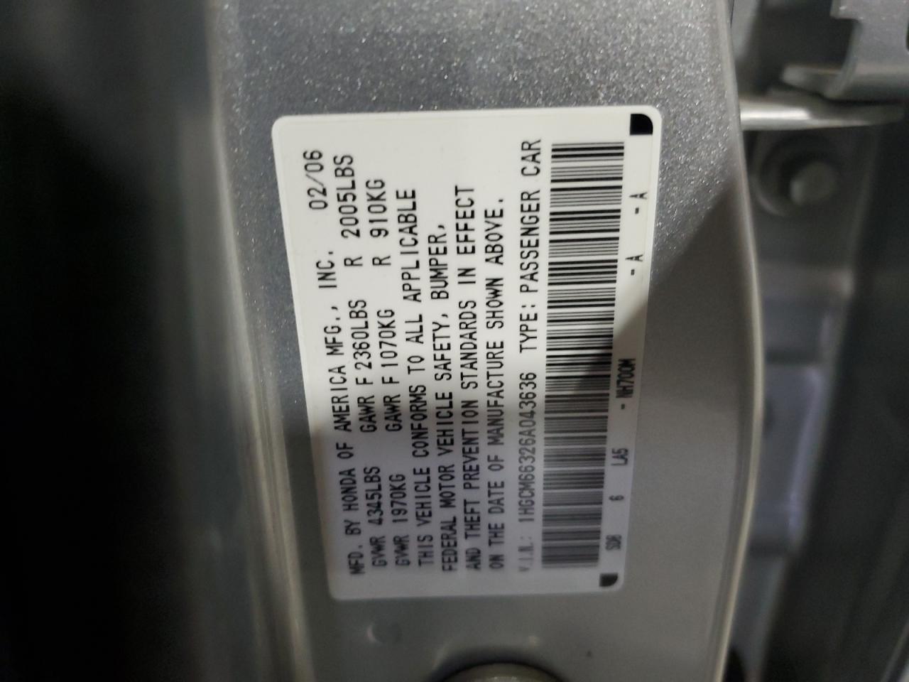 1HGCM66326A043636 2006 Honda Accord Lx